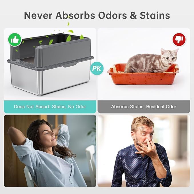 Stainless Steel Litter Box with Lid, 14” XL Stainless Steel Cat Litter Box Enclosure, Extra Large Metal Cat Box, Non-Sticky, Anti Leakage, Easy Cleaning Litter Pan, Include Scoop (Gray)