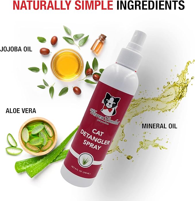 Warren London Cat Detangler Spray Bundle with Pin Brush for Matted Hair | Leave in Conditioner Pet Detangling Spray That Demattes & Refreshes | 8oz w/Pin Brush