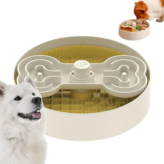 Slow Feeder Dog Bowl with Lick Mat and Puzzle Inserts - Non-Slip Base, Adjustable Speed Design, Dishwasher Safe for Large Dogs,Yellow