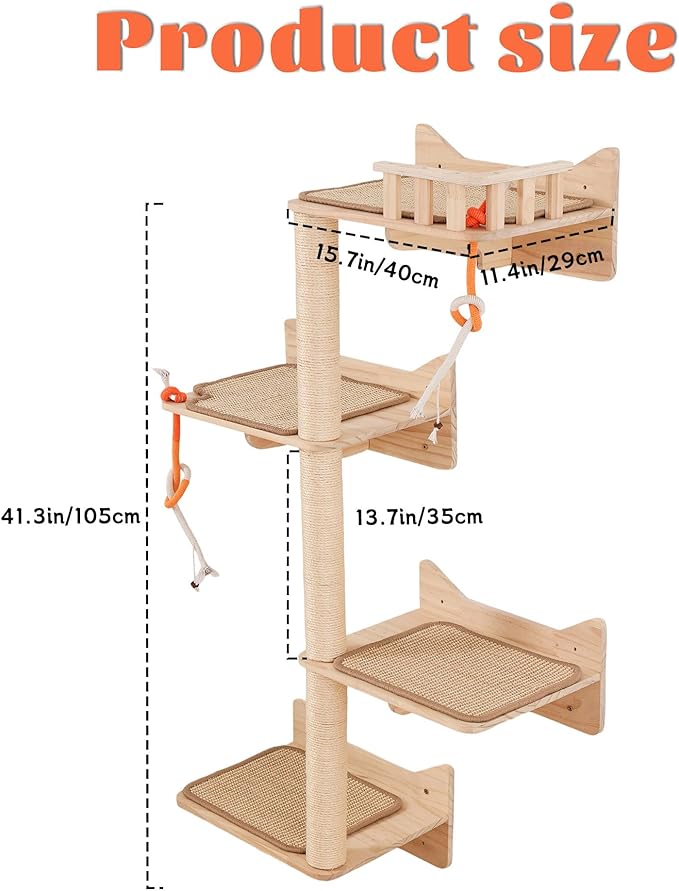 Wall Mounted Cat Tree - 7 PCS Cat Wall Shelves & Perches with Tall Sisal Scratching Posts, Wall Mount Cat Climbing Tree & Space-Saving Furniture for Indoor Cats to Climb, Scratch & Lounge