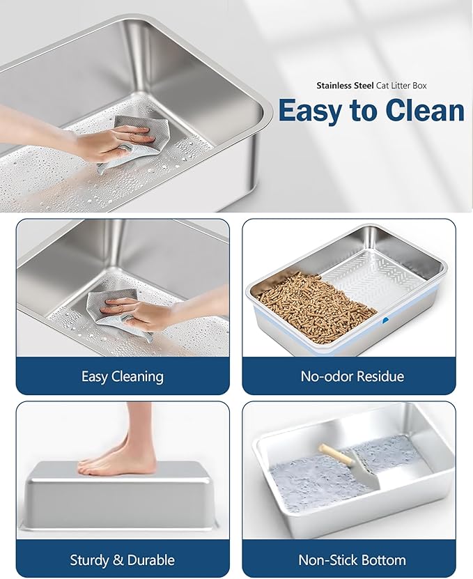 Stainless Steel Sifting Litter Box with Lid, Metal Litter Pan with Scoop for Big Cats Multi Cat, Extra Large Cats Litterbox Odor Control Easy Clean (24 * 16 * 12inch-Side Entry, X-Large)