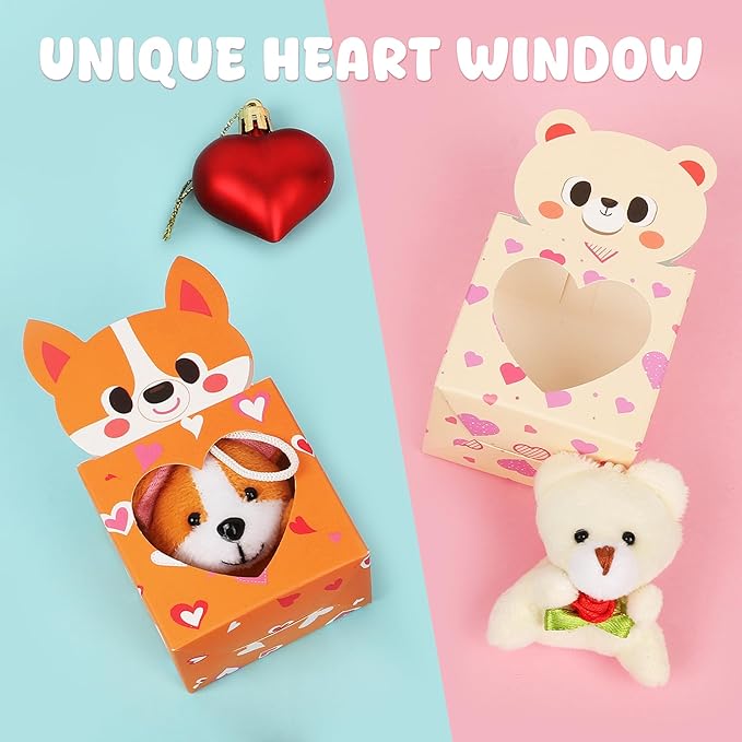 Sofier Valentines Day Gifts for Kids Classroom 24 Pack Card Boxes with Heart Window Mini Animal Toys Keychains Bulk for Boys Girls Classroom Exchange Party Favor School Teacher Student