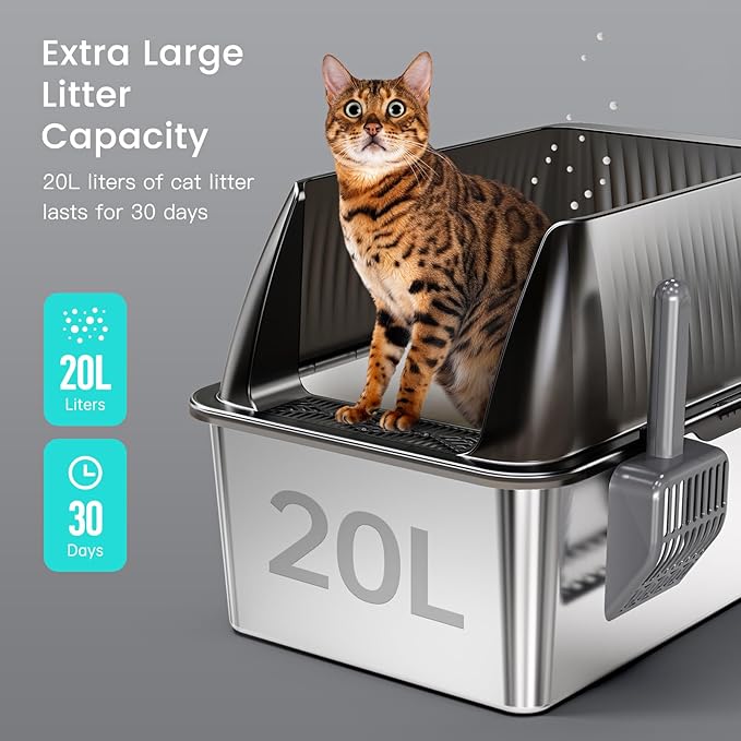 Tripamin 15” XL Stainless Steel Cat Litter Box Enclosure, XXL Stainless Steel High Sides with Lid, Extra Large Metal Cat Litter Box (Translucent Black, XX-Large)