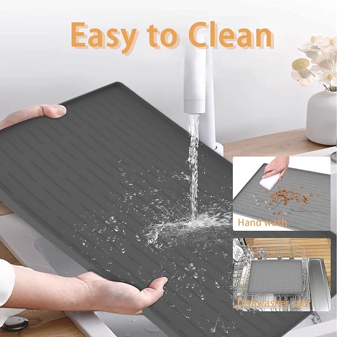 24" x 16" Dog Food Mat, Silicone Pet Mats for Food and Water, Nonslip Pet Feeding Mats for Floors, Dog Cat Bowl Mat with Raised Edges, Light Gray