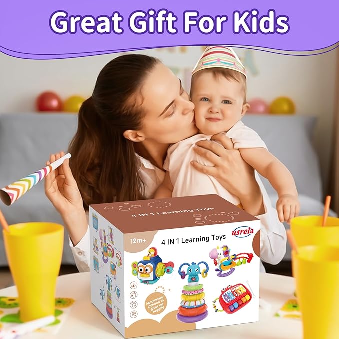 4 in 1 Baby Toys for 6 12 18 Month, Learning Toys for Babies 6-12 Months, Busy Cube, Stacking Sorter, Piano Xylophone Pull String Travel Toy, Birthday Gifts for Toddlers 1 2 Years Old