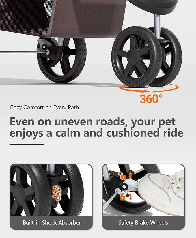 Pet Stroller with 3 Wheels for Small/Medium Pets, Portable Travel Foldable Carrier Jogger for Dog Cat Puppy Kitty, Rear Wheel Breaks, Storage Basket, Visible Mesh with Weather Cover (Coffee)