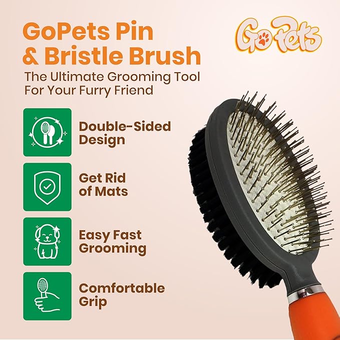 GoPets Double-Sided Pin & Bristle Brush, Dog & Cat Grooming Brush for Detangling, Shedding Control, Fur & Dirt Removal, Smooth & Efficient Pet Grooming for Healthy Coat, Comfortable Ergonomic Handle