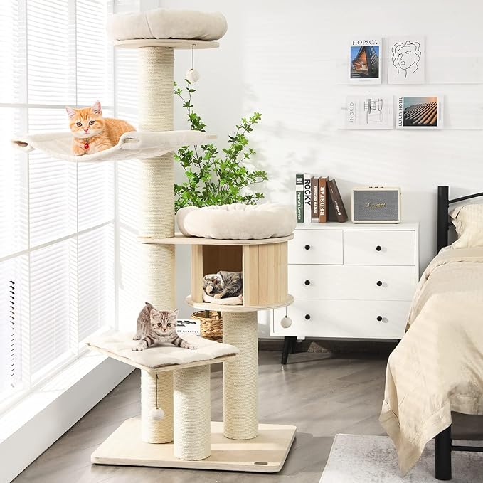 PETSITE 68.5" Tall Cat Tree, Multi-Level Modern Cat Tower with Sisal Scratching Posts, Top Perch, Cat Condo, Hammock, Jingling Balls, and Washable Cushions, Cat Tree Tower for Indoor Cats Large Adult