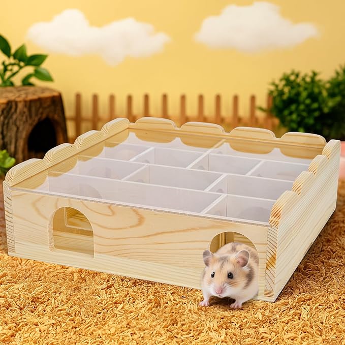 ZENFUN Wooden Hamster Maze with Clear Acrylic Cover, Multi-Chamber Hamsters Hide Tunnel Cage, Hideout Tunnel Toy Shed and Explore Toy for Dwarf Hamsters Mice Small Gerbil（Free-Installation）