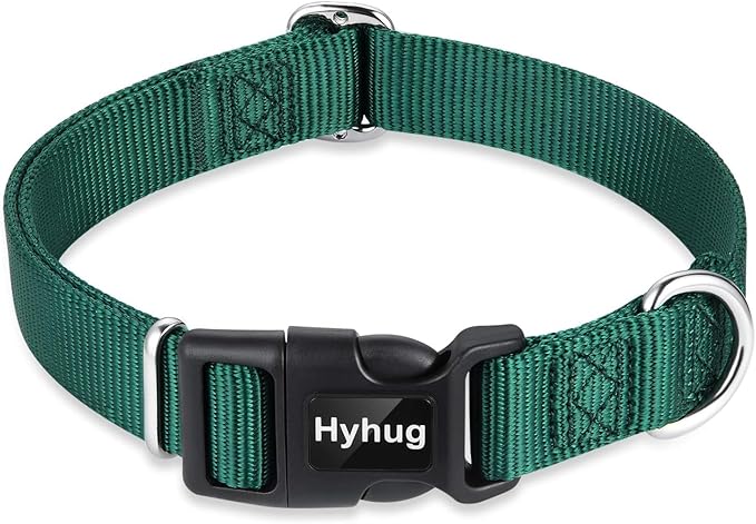 Hyhug Pets Solid Color Classic Regular Heavy Duty Basic Collar for Large Breeds Dogs Daily use, Unique Design Adjustment Triglide Slide Can Attached Name Tag Accessories. (Large, Dark Green)