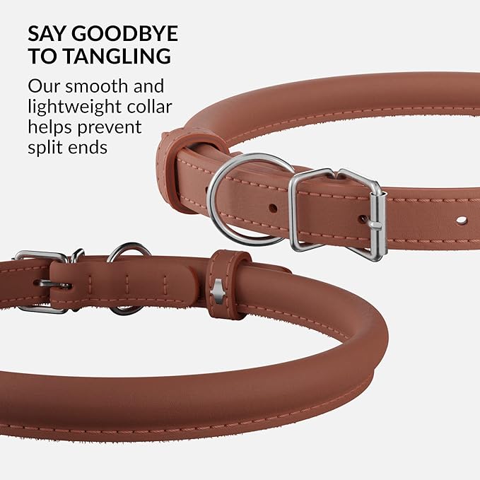 CollarDirect Rolled Leather Dog Collar, Soft Padded Round Puppy Collar, Handmade Genuine Leather Collar Dog Small Large Cat Collars 13 Colors (18-22 Inch, Cinnamon Smooth)