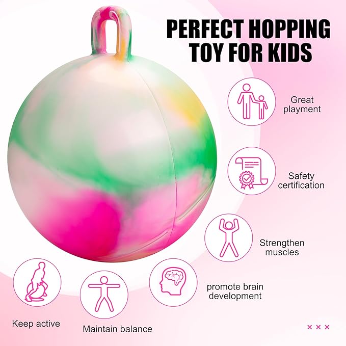INPODAK Hopper Ball 22 Inch Bouncy Ball with Handle for Kids, Hippity Hop Jumping Bounce Hopping Toy for Boys Girls Ages 7-12 with Pump and Gift Box Great Gift for Birthday Holiday (Pink)