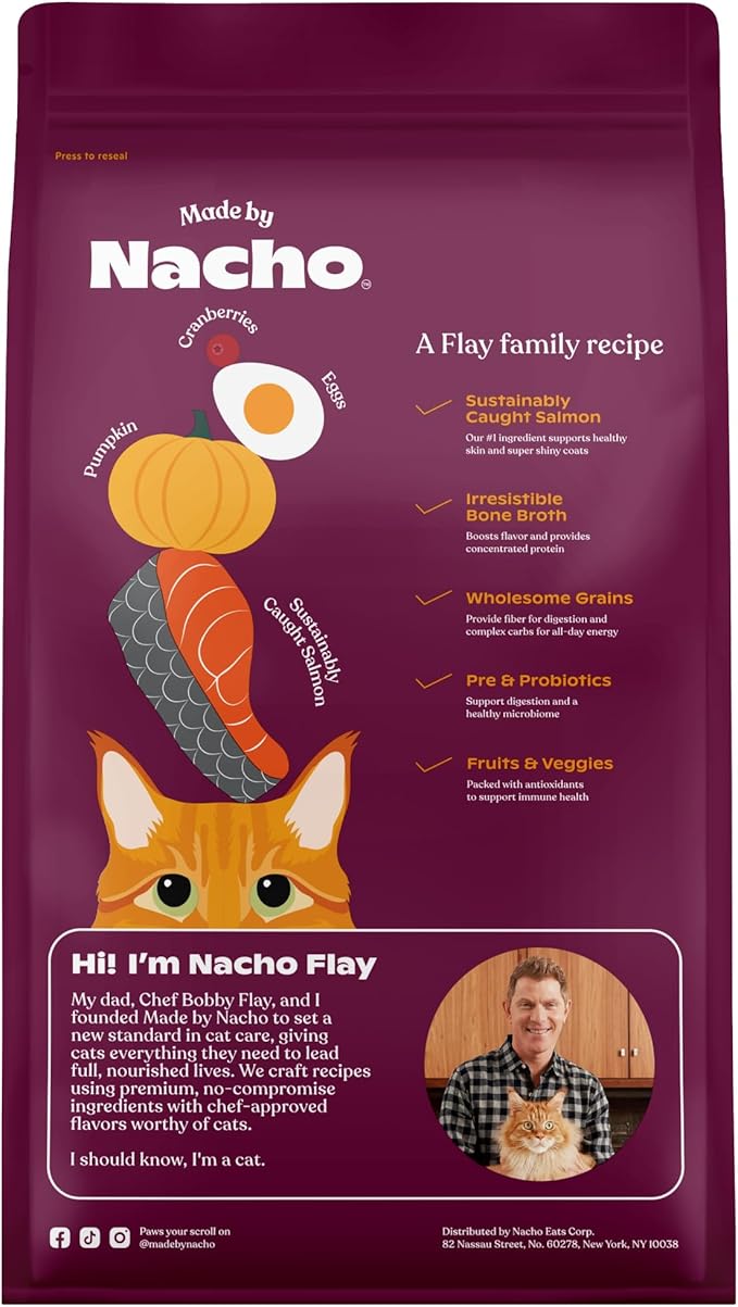 Made by Nacho Dry Cat Kibble 4lb Bag, High Protein and Grain-Friendly Premium Cat Food, Sustainably Caught Salmon and Pumpkin, Infused with Bone Broth for Hydration, Limited Ingredients, Single Bag