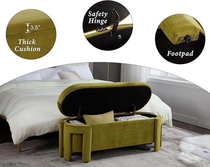 Kmax 50" Storage Ottoman Bench Modern Velvet Entryway Bench Comfy Upholstered End of Bed Bench for Hallway Entrance Bedroom Corner, Olive Green