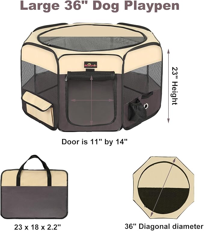 Aivituvin Portable Pet Playpen, Foldable Dog Tent Crate Cage for Puppies and Cats, Exercise Pop Up Dog Kennel with Carrying Case Indoor Outdoor, Waterproof and Zipper Top Cover Door, Brown