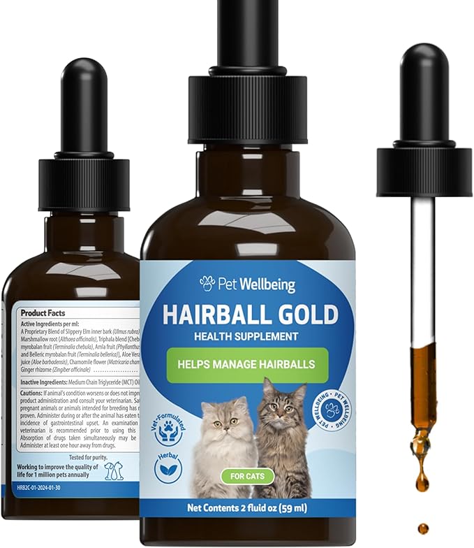 Pet Wellbeing Hairball Gold for Cats - Vet-Formulated - Eases Passage of Hairballs Through Digestive Tract - No Mineral Oil, All-Natural Lubrication - 2 oz (59 ml)