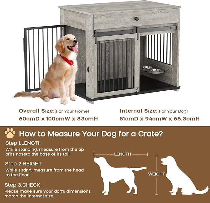 Large Dog Crate with Sliding Door, Furniture-Style Wooden Indoor Kennel, Integrated Side Table & Drawer, Secure Lock, 360° Rotating Bowl, Modern Pet House - Ideal for Home Decor (Grey)