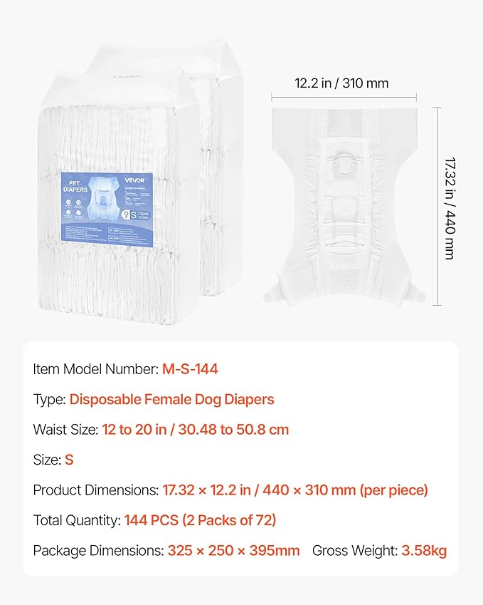VEVOR Disposable Dog Diapers, Super Absorbent Female Dog Diapers, 360° Leak-Proof Female Doggy Pet Diaper with Wetness Indicator for Heat Period, Training, Incontinence - M, 144 Count (2 Packs of 72)