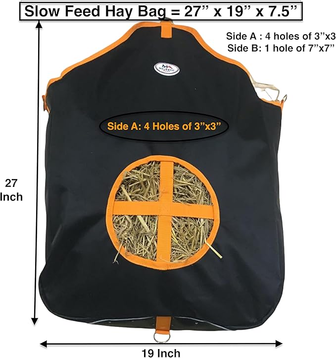 Majestic Ally Nylon Hay Feeder Tote Bag for Horse, Goat, Sheep - Double Sides Open Feed Hole with Faux Leather Ventilated Bottom- Premium Quality -Simulates Grazing - Reduces Waste (Black)