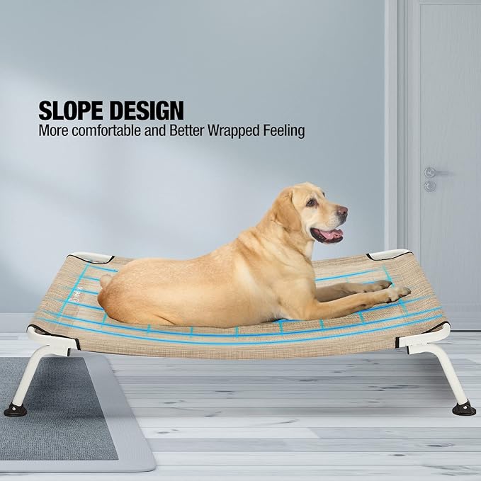 Veehoo Elevated Dog Bed for Outdoor, Cooling Waterproof Raised Dog Cots Beds for Medium Dogs, Curved Off Ground Pet Hammock Cot Lifted for Outside, up to 65lbs, White Legs, Beige 32"