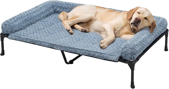 Veehoo Cooling Elevated Dog Bed Add Removable Deluxe Rose Plush Bolster Cushion Mat, 47" x 29" Washable Dog Couch Bed, Raised Pet Cot with Breathable Teslin Mesh, No-Slip Feet, Haze Blue, CWC2439B