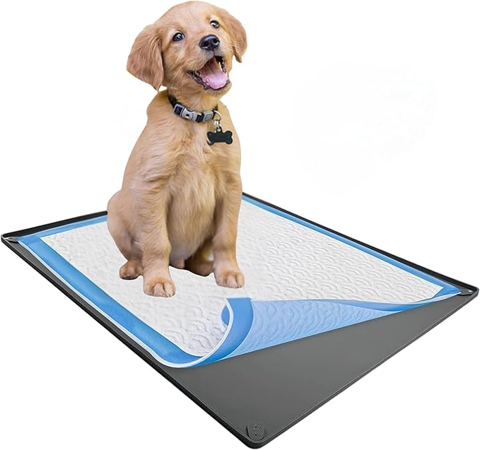 TidyFriend Puppy Pad Holder Tray Fits for 28” x 34” Pee Pads with Corner Lock Holes, Raised Edges, Non-Spill, Easy to Clean Silicone Puppy Potty Tray Holder, for Indoor Floor Protection (Grey)