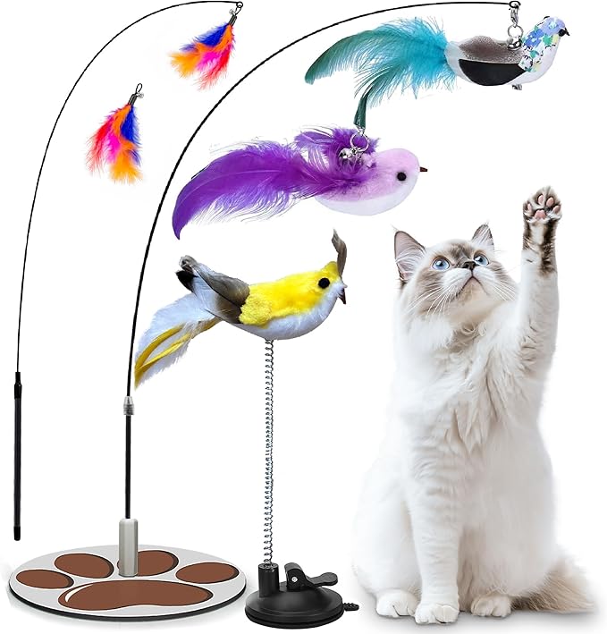 Interactive Cat Toy for Indoor, Includes Metal Base, Suction Cup Cat Base, Cat Wand,Bird Simulation Toys and Feather Toy, Set of 7 PCS