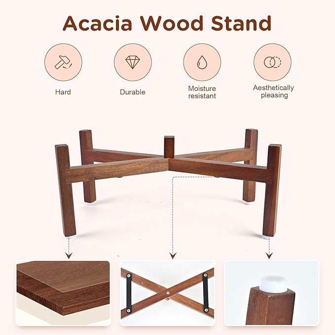 SPUNKYJUNKY Ceramic Dog Bowls Dog Bowl Set with Acacia Wood Stand Raised Dog Bowl Dog Food and Water Bowl for Small Medium Sized Dog (18.5cm)