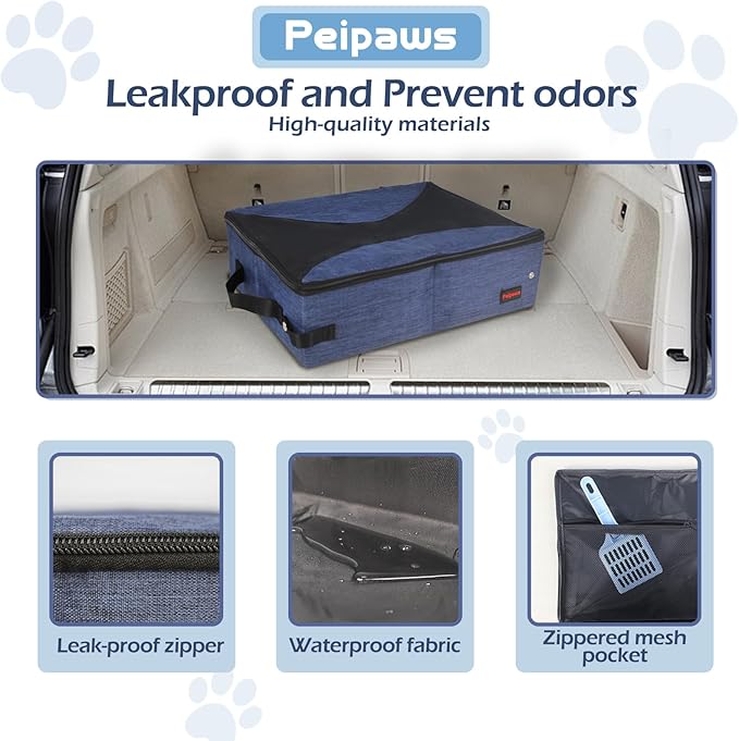 Portable Cat Travel Litter Box. Zipped Lid, Collapsible Litter Box for Cats. No Leakage, No Smell. Easy to Carry. Used for Hotels, Camping, Car (Blue,L)