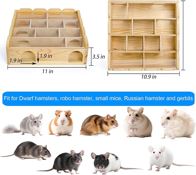 ZENFUN Wooden Hamster Maze with Clear Acrylic Cover, Multi-Chamber Hamsters Hide Tunnel Cage, Hideout Tunnel Toy Shed and Explore Toy for Dwarf Hamsters Mice Small Gerbil（Free-Installation）