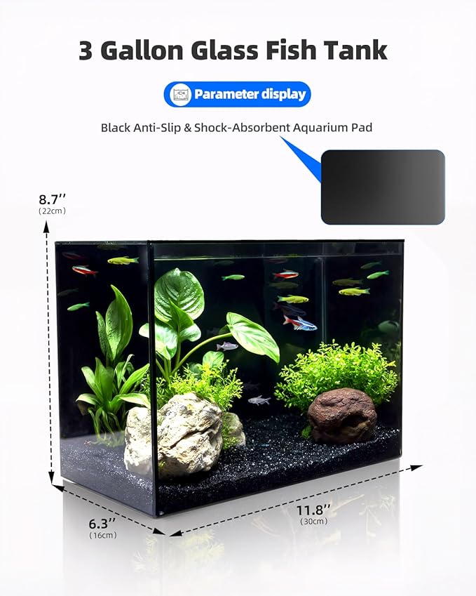 3 Gallon Clear Glass Fish Tank, Small Fish Tank Aquarium for Betta, Goldfish, Snail,Shrimp and Aquatic Planting