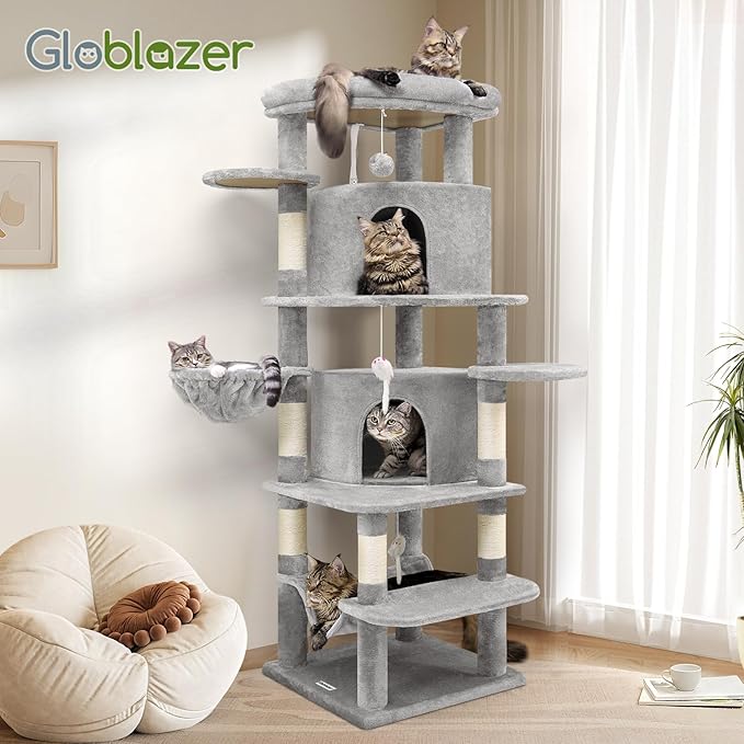 Globlazer Corner Cat Tree for Large Cats, 66inch Tall Curved Series Large Cat Tower for Multiple Indoor Cats with 6 Scratching Posts, 2 Spacious Cat Condos, Hammock, Hanging Basket, C66, Light Grey