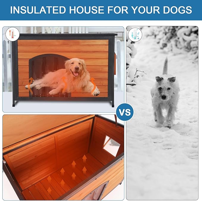 Dog House Outdoor Insulated 43.3" L Large Dog Kennel 6 Sides All-Round Foam Winter Weatherproof for Small Medium Large Dogs with Strong Metal Chew Proof Frame