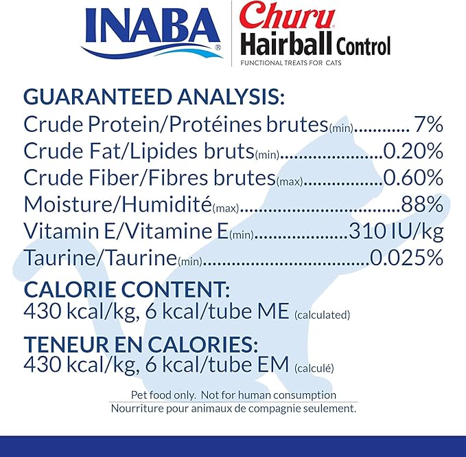 INABA Churu for Cats, Functional, Creamy Lickable Purée Cat Treat for Hairball Control with Taurine & Vitamin E, 0.5 Ounces Each, 48 Tubes (4 per Pack), Tuna Recipe