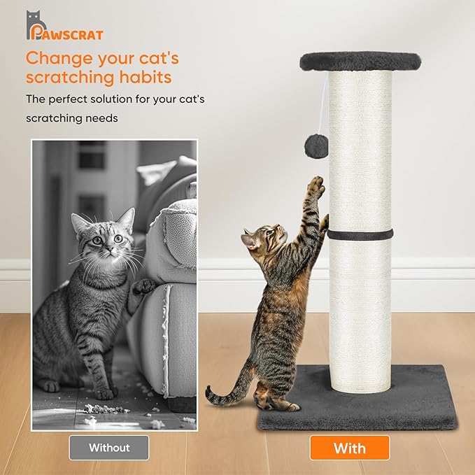 PAWSCRAT Cat Scratching Post 32" Tall, Large Diameter Natural Sisal Cat Scratch Post with Dangling Ball, Scratch-Resistant and Durable Tall Cat Scratcher for Indoor Cats, Protect Your Furniture, Grey