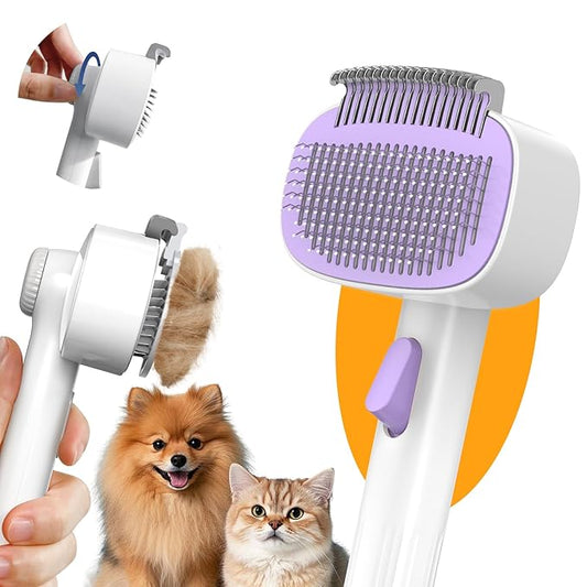 Self Cleaning Slicker Brush, 2-in-1 Cat Brush for Shedding, Skin Friendly Grooming Tool for Long & Medium-Long Hair Pets, Adjustable Bristle Length with Dematting Comb for Cats, Dogs (Purple)