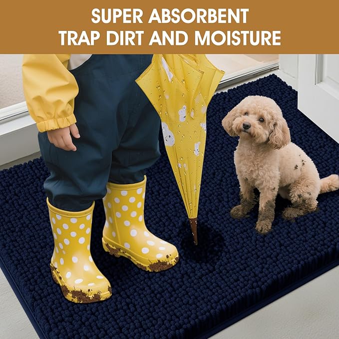 IM HOME 48" x 38" Navy Blue Dog Door Mats for Muddy Paws, Chenille Absorbent Dog Mat, Non Slip Heavy Mud Mat for Dogs, Soft Pet Bed Mat for Entryway, Mud Paws, Inside Floor
