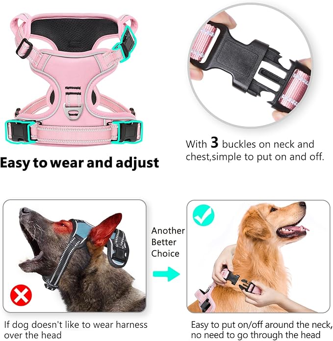 Timos Dog Harness, 3 Snap Buckles No-Pull Soft Padded Dog Vest with 2 Metal Leash Clips, Adjustable Reflective No Choke Pet Harness with Easy Control Handle for Small Dogs,Pale Pink,S
