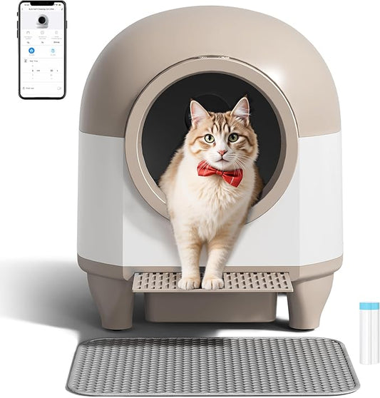 WARCAT Self Cleaning Litter Box Automatic, 90 L Automatic Cat Litter Box for Multiple Cats APP-Controlled with Smart Sensors, Safety Protection,Mat,1 Roll Garbage Bag (Brown)