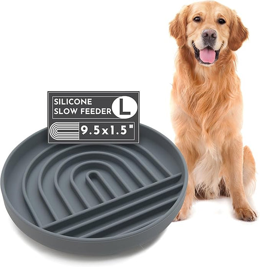 The Slowdown Bowl Silicone Slow Feeder for Dogs & Puppies, Slow Eating Modern Lick Mat Design Reduces Gulping, Fits 2.5 Cups 9.5” Across x 1.5” Tall, Mealtime Challenge, Large-Charcoal