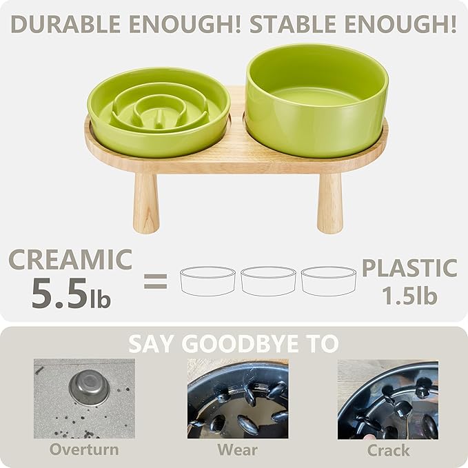 Ceramic Slow Feeder and Water Bowl Set for Small Dogs, Ceramic Dog Bowls Elevated with Wooden Stand, 0.6 Cups Dog Slow Feeder(14oz) and 30oz Water Bowl Set, Green
