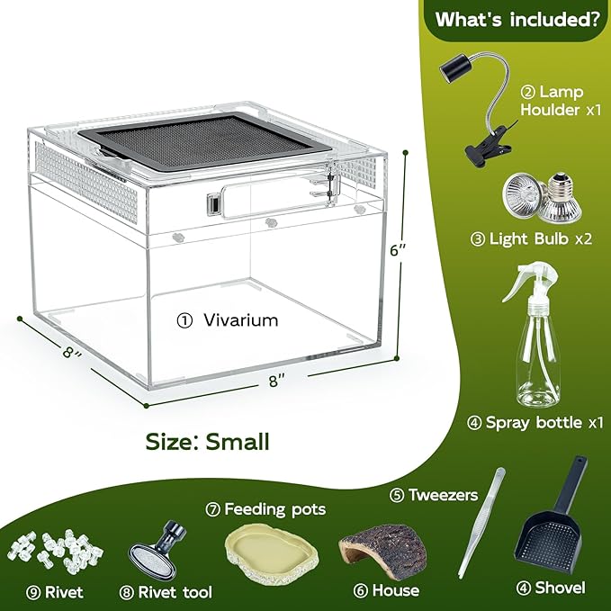 Reptile Tank Kit with Heat Lamp, Spray Bottle, Shovel, Tweezers, Food Bowl, Hideout -Perfect for Geckos, Jumping Spider,Milk Frog,Hermit Crabs,Snakes, Lizards (8''×8''×6'')