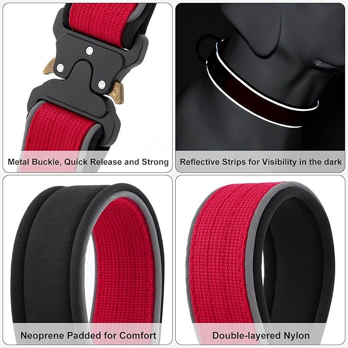 Plutus Pet Tactical Dog Collar, Reflective, Adjustable Heavy Duty Dog Collar, Soft Padded and Comfortable, for Small Medium and Large Dogs (Red, S)