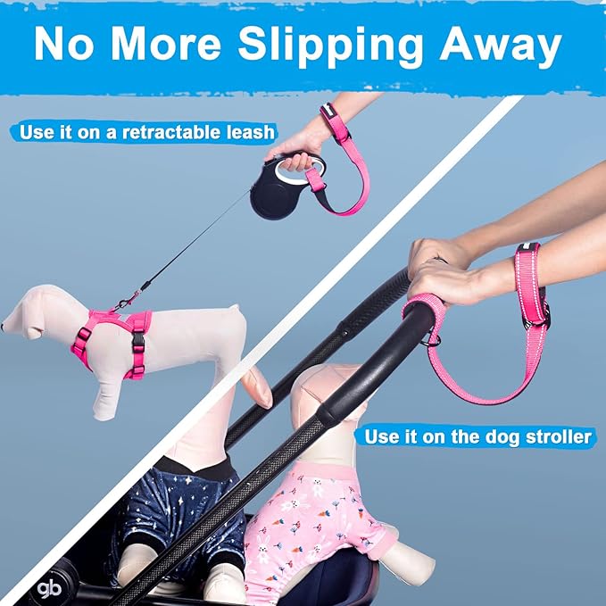 PetBonus Short Dog Leash, Safety Wrist Strap for Retractable Dog Leash, Reflective Design and Adjustable Soft Padded Handle, Extra Layer Security for Pet Stroller (Pink) 1 Pack