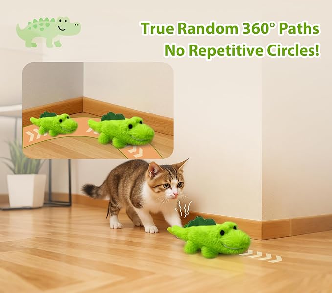 Interactive Cat Toys for Indoor Cats - Automatic Moving Cat Chase Toy for Bored Indoor Adult Cats - 360° Random Movement, Tail Wagging & Catnip Stimulation - Electric Croc(Long Plush)
