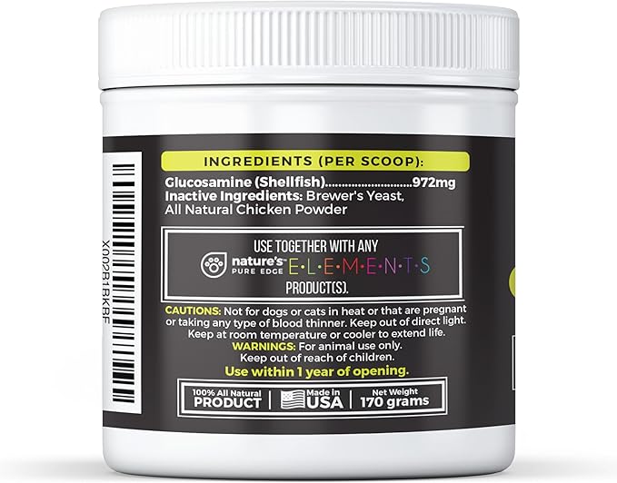 Nature's Pure Edge Original Extra Strength Glucosamine Dog and Cat Supplement Flavored with Real Chicken. Treats Painful and Damaged Joints. 170 gram Jar.