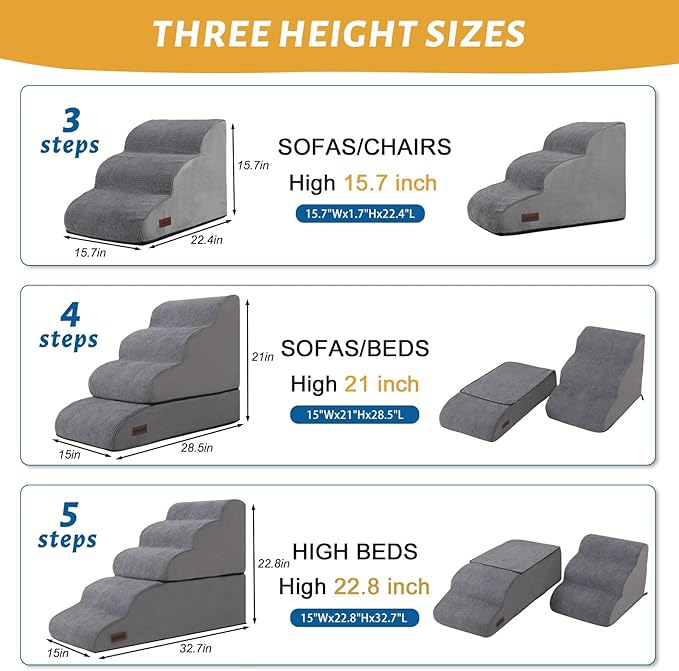 4-Step Dog Stairs and Ramp for Beds or Couches – Non-Slip Sturdy Pet Steps for Small Dogs and Cats,21" H,Grey