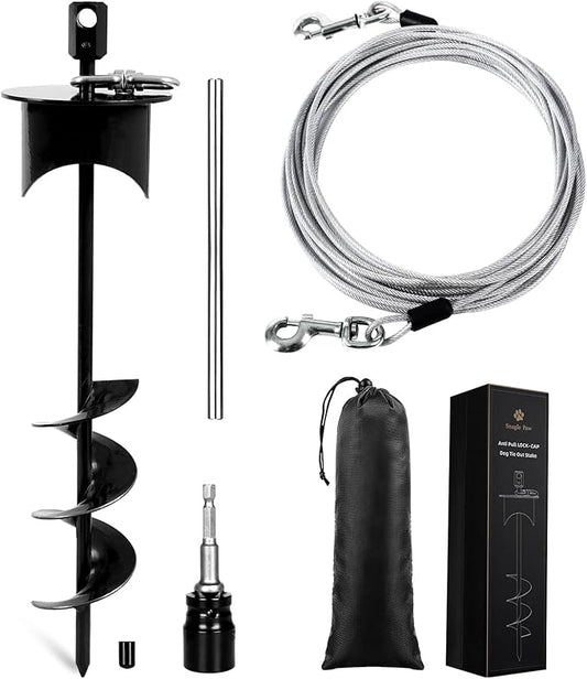 Snagle Paw Dog Tie Out Cable & Stake with Lock Cap - 30ft Heavy Duty Rust Proof Cable, 360° Swivel Dog Yard Leash & Stake Up to 220 lbs - Ground Anchor for Yard, Beach, Camping & Outdoor Use