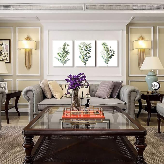 3 Pieces Framed Wall Art for Living Room Bathroom Wall Decorations Kitchen Wall decor Canvas Print decor modern Simple Bedroom Home Decoration Green leaves Poster wall paintings