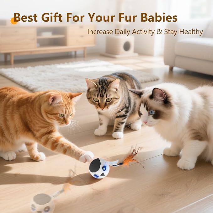 ORSDA Cat Ball Toys, Interactive Cat Toy for Indoor Bored Indoor Cats Kitten Toys, Automatic Electric Bird Moving Ball Toy, 4 Mode Voice & Touch Control Rolling Chirping Stimulating, 2 Feather Tails